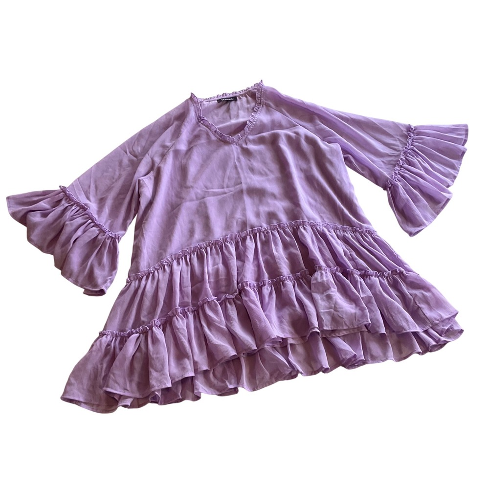 Roaman's Ruffle Tiered Tunic Blouse Top Women 18W Purple Bell‎ Sleeve Chiffon